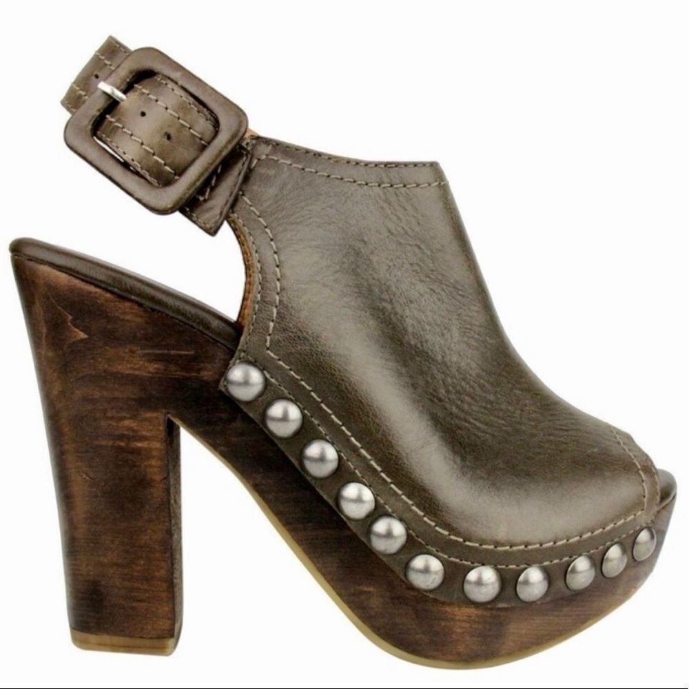 Brown Leather Studded High Heel Clogs Shoes NEW